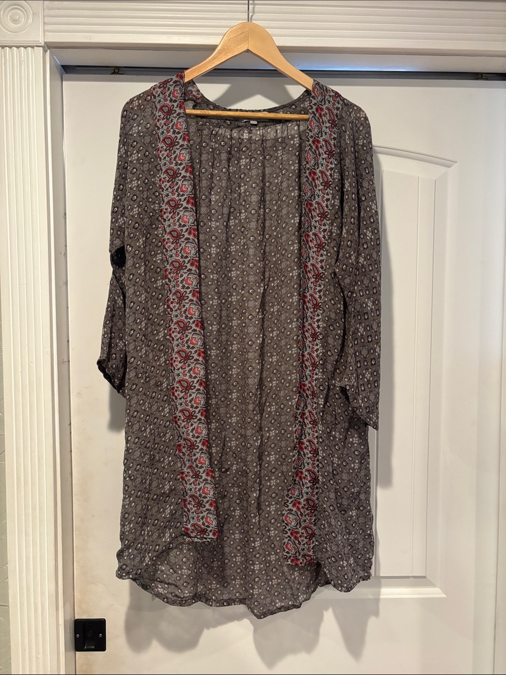 Cost Plus World Market Gray Floral-Trim Sheer Open Kimono